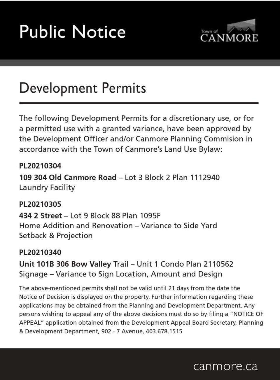 PUBLIC NOTICE – Town of Canmore - development permits