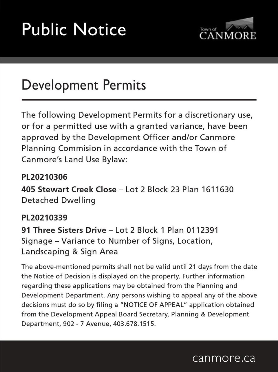 Public Notice – Town of Canmore – Development permit