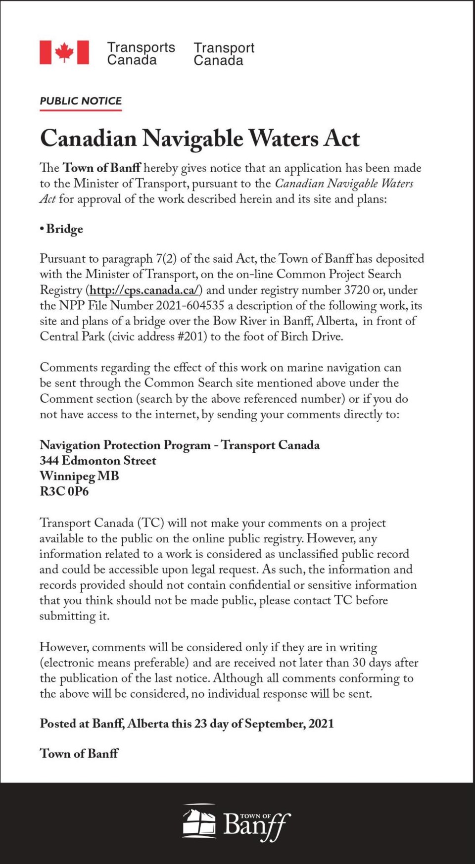 Public Notice – Transport Canada – Canadian Navigable Waters Act