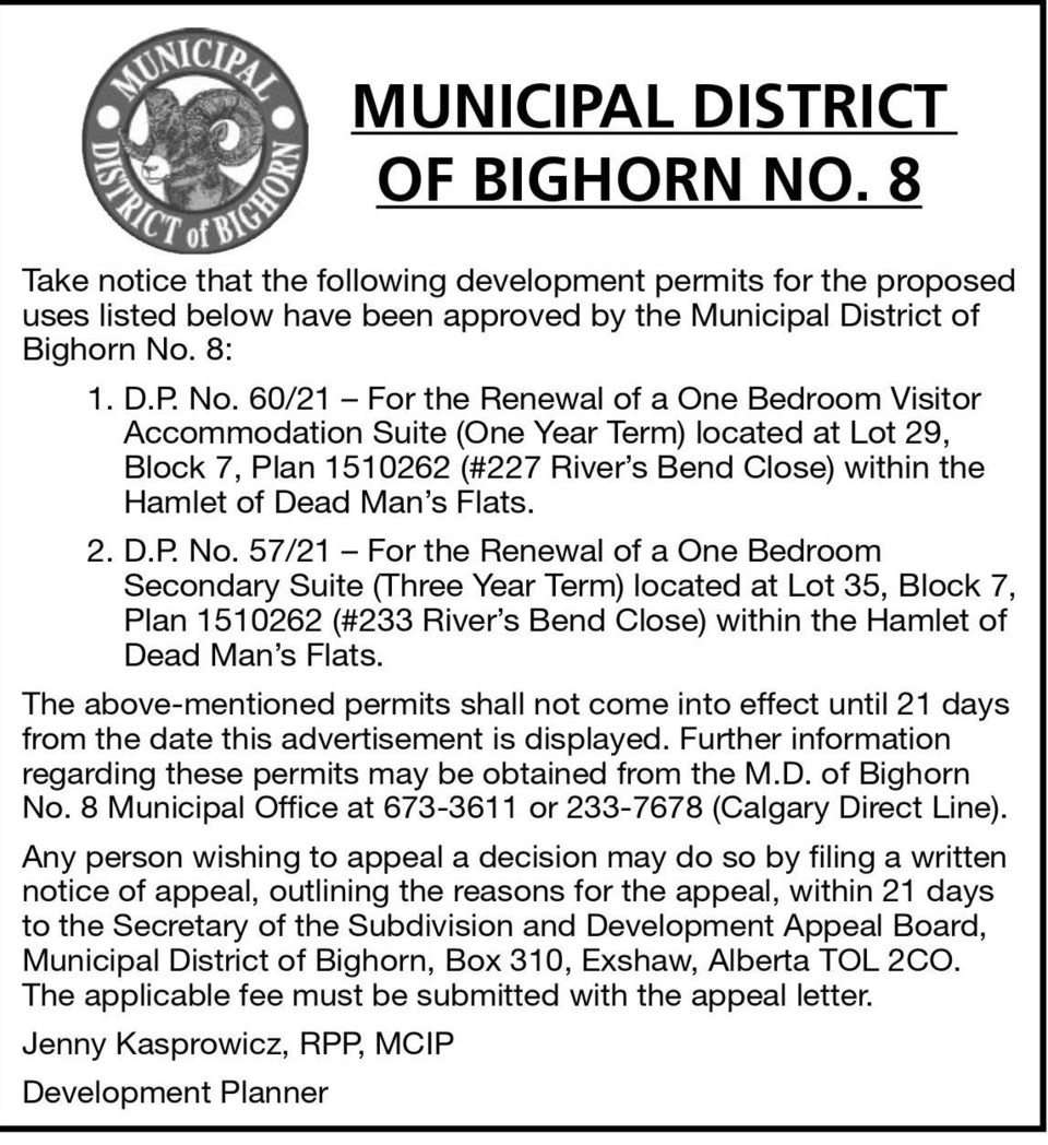 Public Notice – Sept. 30, 2021 – MD of Bighorn development permits