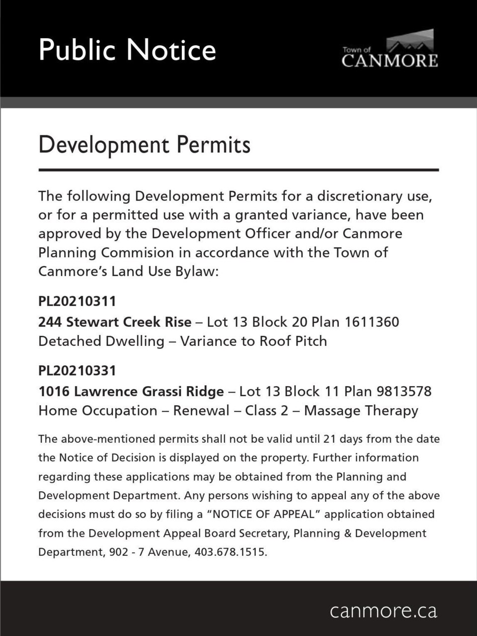 Public Notice – Sept. 30, 2021 – Town of Canmore development permits