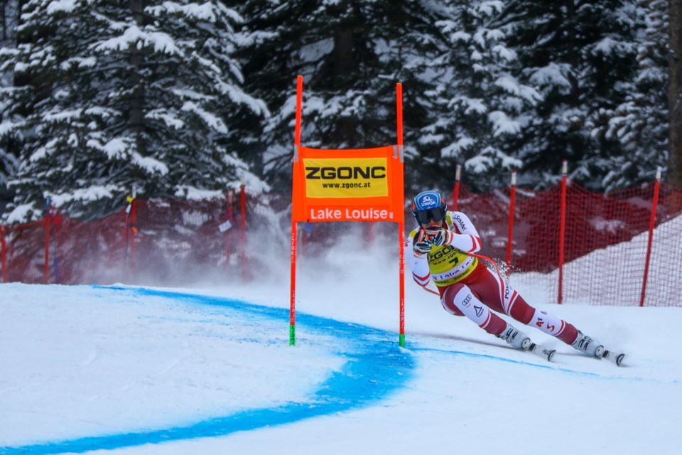 Matthias Mayer of Austria skies down the course during the International Ski Federation men's downhill skiing race action in Lake Louise on Saturday (Nov. 27). Meyer won the downhill event with a time of 1:47:74. EVAN BUHLER RMO PHOTO