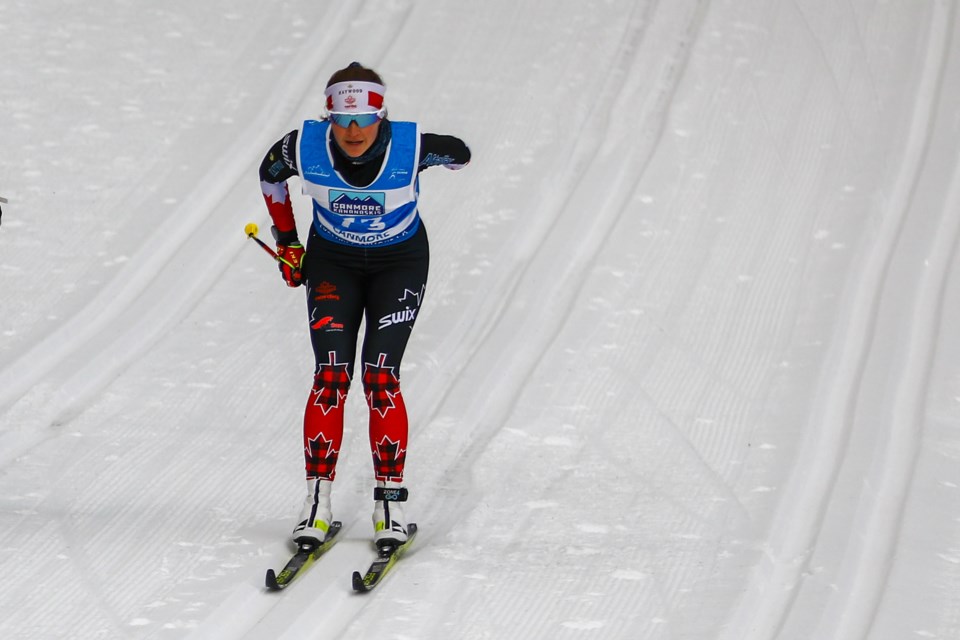 Brittany Hudak of Canada skis in the women’s sprint classic, standing race final in the 2021 World Para Nordic Skiing World Cup at the Canmore Nordic Centre on Tuesday (Dec. 7). EVAN BUHLER RMO PHOTO