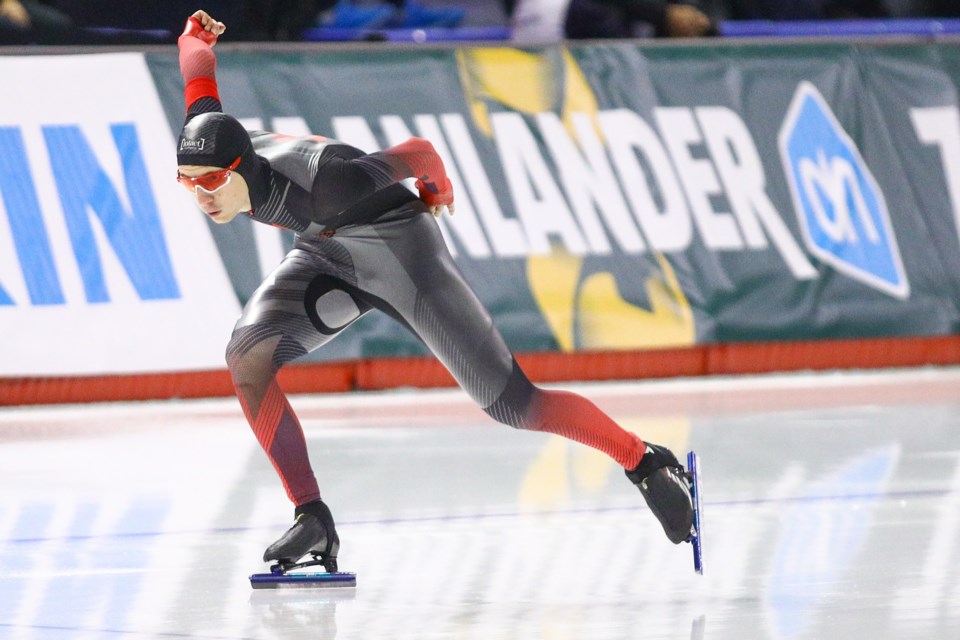 Connor Howe of Canada skates in the men's 1,000m race at the ISU speed skating world cup in Calgary on Sunday (Dec. 12). EVAN BUHLER RMO PHOTO