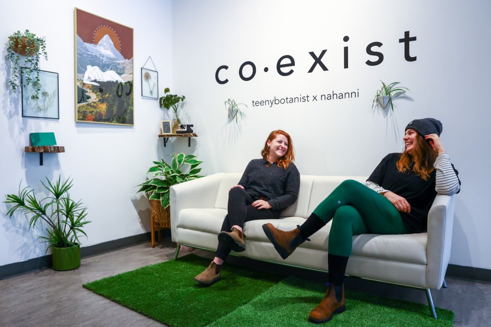 Banff-based artists Nahanni McKay, left, and Cecelia Leddy are opened a new exhibit titled Coexist, on display at artsPlace in Canmore. The opening reception for the exhibit is Thursday, (Jan. 13) from 6 to 8:30 p.m. EVAN BUHLER RMO PHOTO