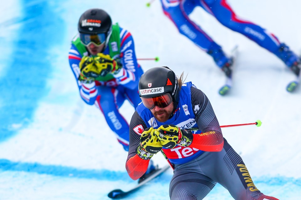 Canmore's Kris Mahler races during the men's world cup ski cross event at Nakiska Ski Resort in Jan. 2022. RMO FILE PHOTO