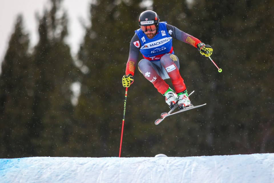 Canmore's Kris Mahler soars over a jump during the men's world cup ski cross event at Nakiska Ski Resort on Saturday (Jan. 15). EVAN BUHLER RMO PHOTO
