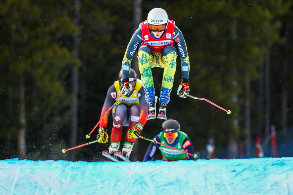 Germany's Florian Wilmsmann soars over a jump in the semi-final race during the men's world cup ski cross event at Nakiska Ski Resort on Saturday (Jan. 15). EVAN BUHLER RMO PHOTO