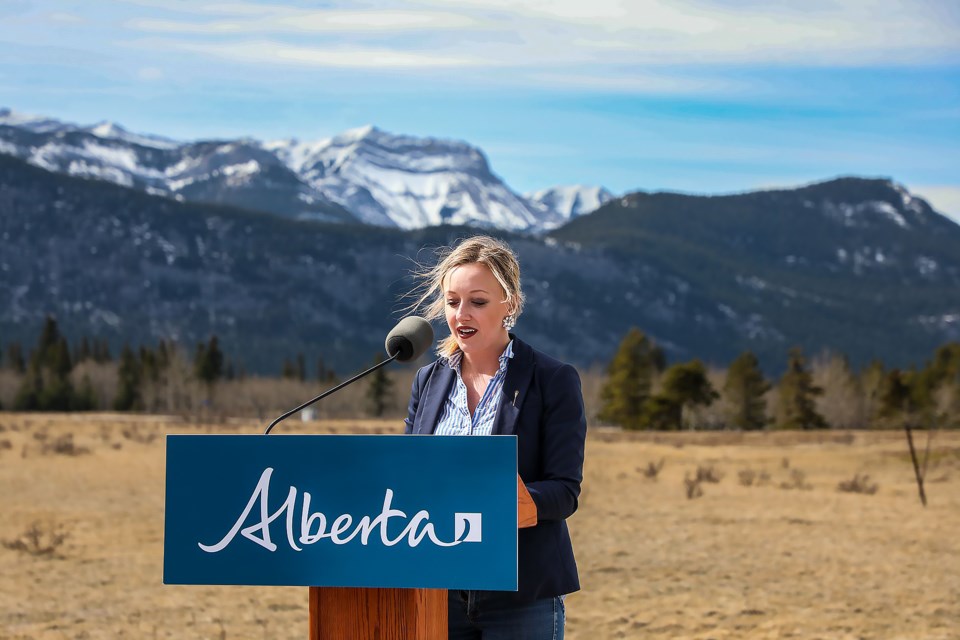 Banff-Kananaskis MLA Miranda Rosin speaks at the groundbreaking event for the new overpass near Lac Des Arcs on Thursday (April 7). The overpass is expected to be finished in fall 2023 and signifcantly reduce vehicle-wildlife collisions on the section of Trans-Canada Highway.

JUNGMIN HAM RMO PHOTO