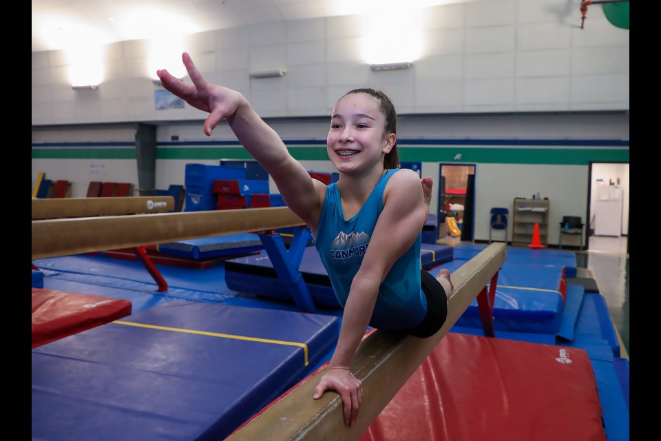 Gymnast Leona Gentien poses at the Canmore Recreation Centre on Tuesday (April 26). JUNGMIN HAM RMO PHOTO