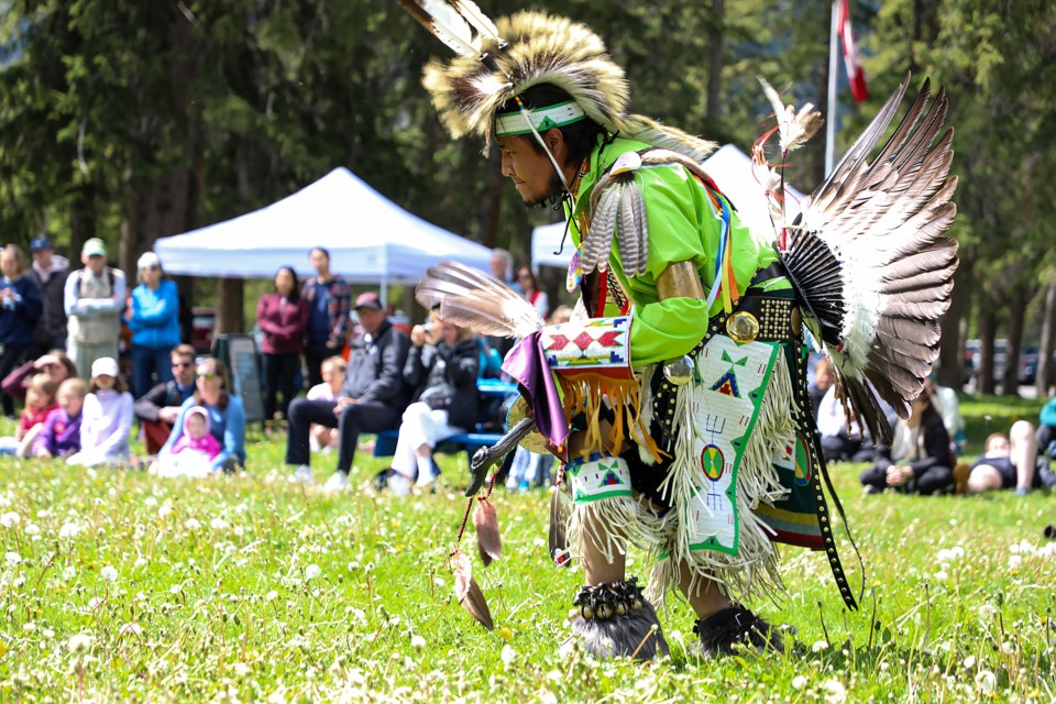 Toby Ear of the Siksika Nation performs at Indigenous Peoples Day events at the Whyte Museum of the Canadian Rockies in Banff on Tuesday (June 21). JUNGMIN HAM RMO PHOTO 