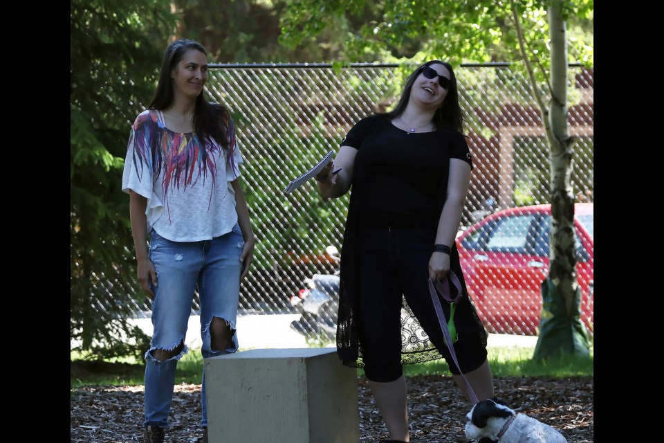 Kristin Slagorsky, left, and Shelby Reinitz rehearse near the Stan Rogers Memorial Stage in Centennial Park Sunday (June 26) in preparation of The Emperorâs New Clothes. The Pine Tree Players are performing Rosencrantz and Guildenstern Are Dead and The Emperorâs New Clothes for the Canmore Summer Theatre Festival from July 13-24.

GREG COLGAN RMO PHOTO