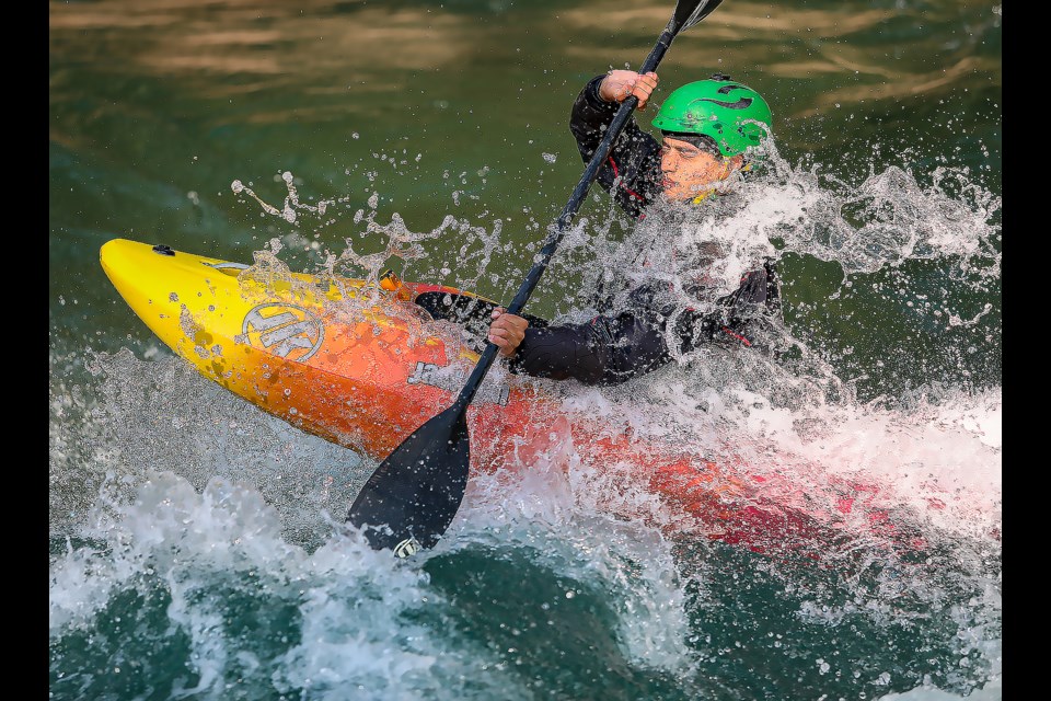 Danial Winter trains ahead of the kayak-cross event at 2022 Canadian National Whitewater Championships in Kananaskis on Monday (Aug. 1).