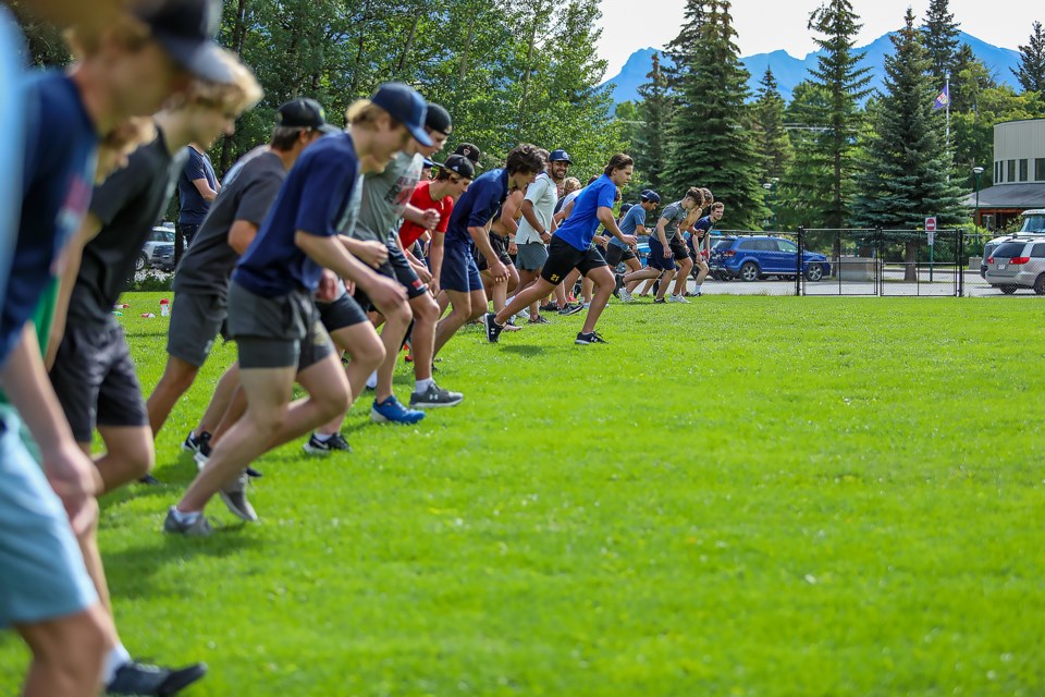 The Canmore Eagles train on the first day of their hockey training camp outside near the Canmore Recreation Centre on Monday (Aug. 29). JUNGMIN HAM RMO PHOTO