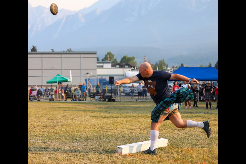 Garrett Houle competes in the men's division for stone throw during the Scottish heavy events at the Canmore Highland Games on Sunday (Sept. 4). JUNGMIN HAM RMO PHOTO