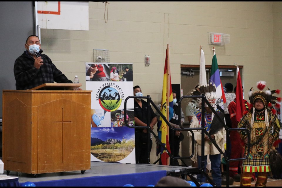 Goodstoney Coun. Hank Snow welcomes attendees to the 3rd annual Stoney Health Fair following the grand entry at the Bearspaw Youth Centre Sept. 14. JESSICA LEE RMO PHOTO