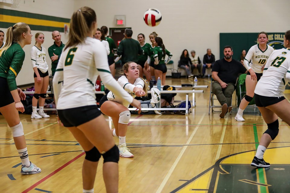 Tasmin Munro (No. 2) of the Canmore Wolverines senior girls volleyball team gets in position to bump a serve against the Ponoka Broncs during the team's home tournament at Canmore Collegiate High School on Friday (Sept. 23). The Wolverines won in two sets. JUNGMIN HAM RMO PHOTO 