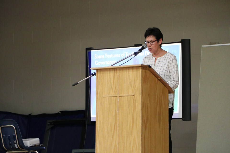 Dr. Terry Poucette, team lead for the City of Calgary's Indigenous relations office, gives a presentation on the Indian Act at the Understanding the Impact of Colonization event at the Morley Arena and Gymnasium Tuesday (Oct. 4). JESSICA LEE RMO PHOTO