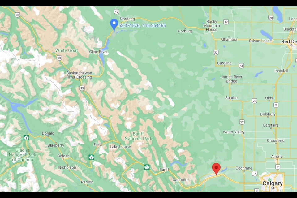 Google Maps screenshot showing the distance between Morley (Mînî Thnî) and Big Horn reserves.