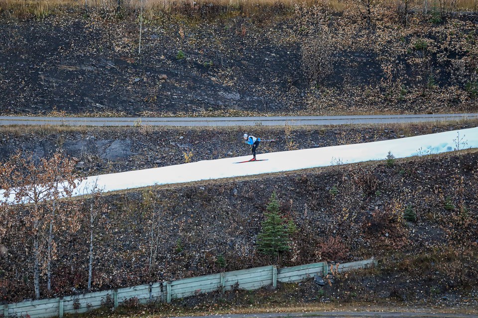National and province skiers ski along the Frozen Thunder nordic track at the Canmore Nordic Centre on Friday (Oct. 21). The Frozen Thunder ski track is open from Oct. 21 to Nov. 14. JUNGMIN HAM RMO PHOTO