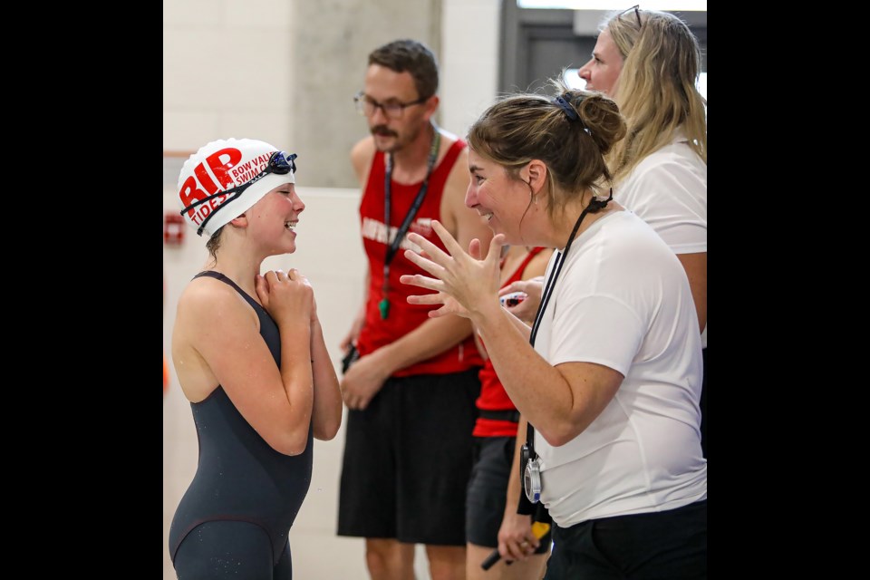 Bow Valley Riptides Swim Club's Abby Willams shares a moment with her mother Lindsey Willams, right, after a good result at the Bow Valley Riptides swim meet at the aquatics centre at Elevation Place in Canmore. JUNGMIN HAM RMO PHOTO
