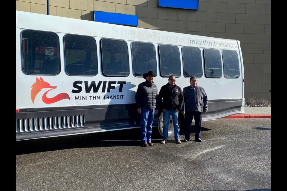 Stoney Nakoda First Nations chiefs Darcy Dixon, left, of Bearspaw First Nation; Aaron Young, of Chiniki First Nation; and Clifford Poucette of Wesley First Nation helped to kick off Swift Mini Thni Transit on its launch day Thursday (March 24). 

PHOTO COURTESY OF STONEY TRIBAL ADMINISTRATION