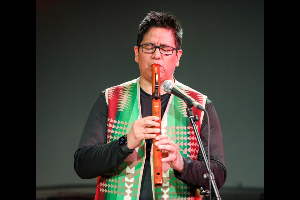 Anders Hunter, a Stoney Nakoda musician, plays the native flute at the Cultural Learning Circle at artsPlace in Canmore on Wednesday (Oct. 26). JUNGMIN HAM RMO PHOTO 