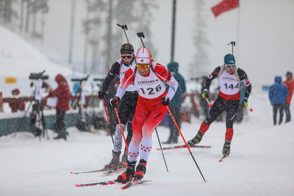 Christian Gow, front, races in the Biathlon 2022 World Cup Tour 1, IBU Cup Tour 1, JIBU Cup Tour 1, and FISU Trials at the Canmore Nordic Centre in November 2022. JUNGMIN HAM RMO PHOTO