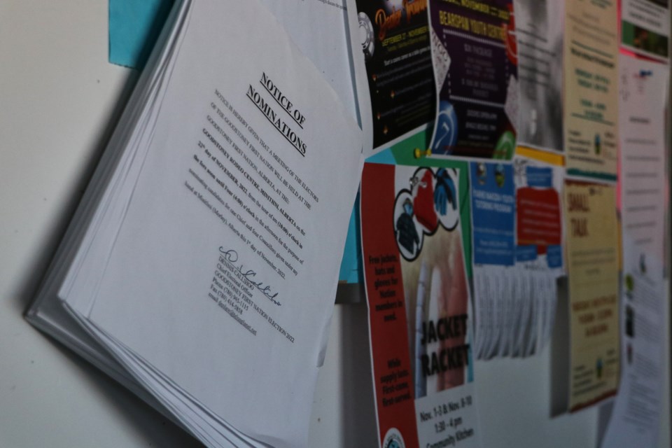 A notice of nominations and other Goodstoney 2022 election details is posted on a bulletin board at the Stoney Tribal Administration building Tuesday (Nov. 8). 

JESSICA LEE RMO PHOTO