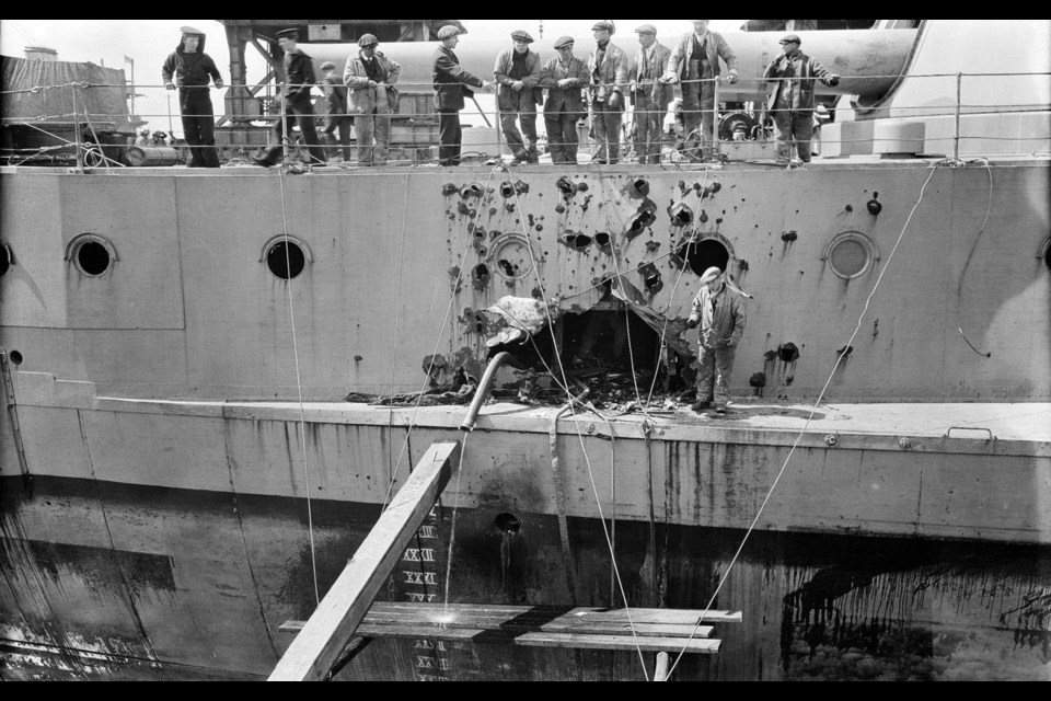 The HMS Warspite's damage after the Battle of Jutland.