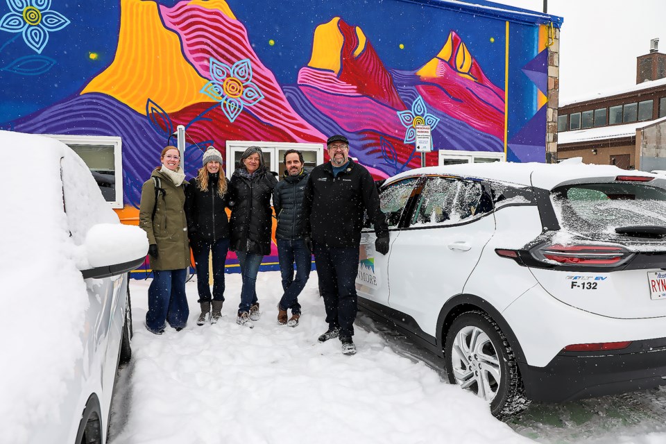 The Town welcomed its first two electric vehicles at the charging station in Canmore on Wednesday (Nov. 16). From left:  Environment and Sustainability Supervisor Caitlin Van Gaal, Energy and Climate Action Coordinator Amy Fournier, Canmoreâs CAO Sally Caudill, Fleet Supervisor Geordie Heal and Canmore Mayor Sean Krausert.  JUNGMIN HAM RMO PHOTO 