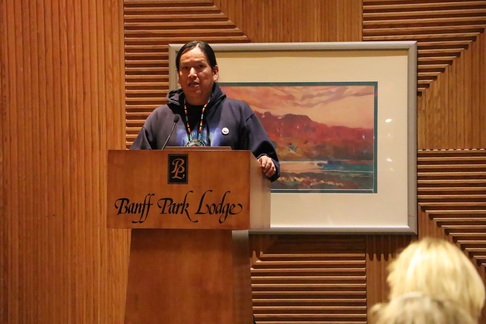 Îyârhe (Stoney) Nakoda First Nation member Travis Rider, a member of the Indigenous working group, speaks at Banff and Lake Louise Tourism's open house event unveiling the vision for tourism in Banff National Park for the next 10 years and beyond at Banff Park Lodge Nov. 21, 2022. 

JESSICA LEE RMO PHOTO