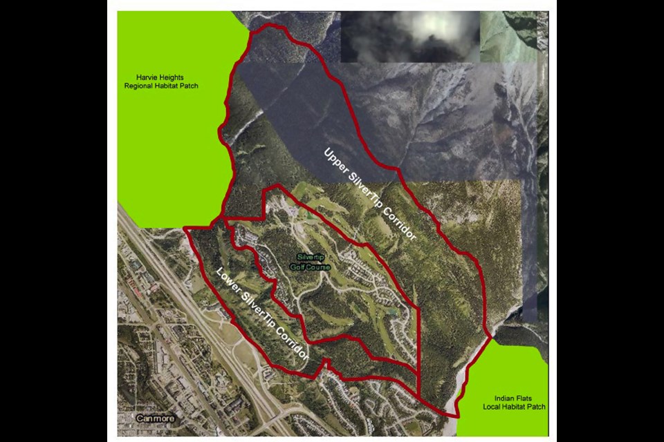 A map of the lower and upper silvertip wildlife corridor lands in Canmore.

SUBMITTED PHOTO