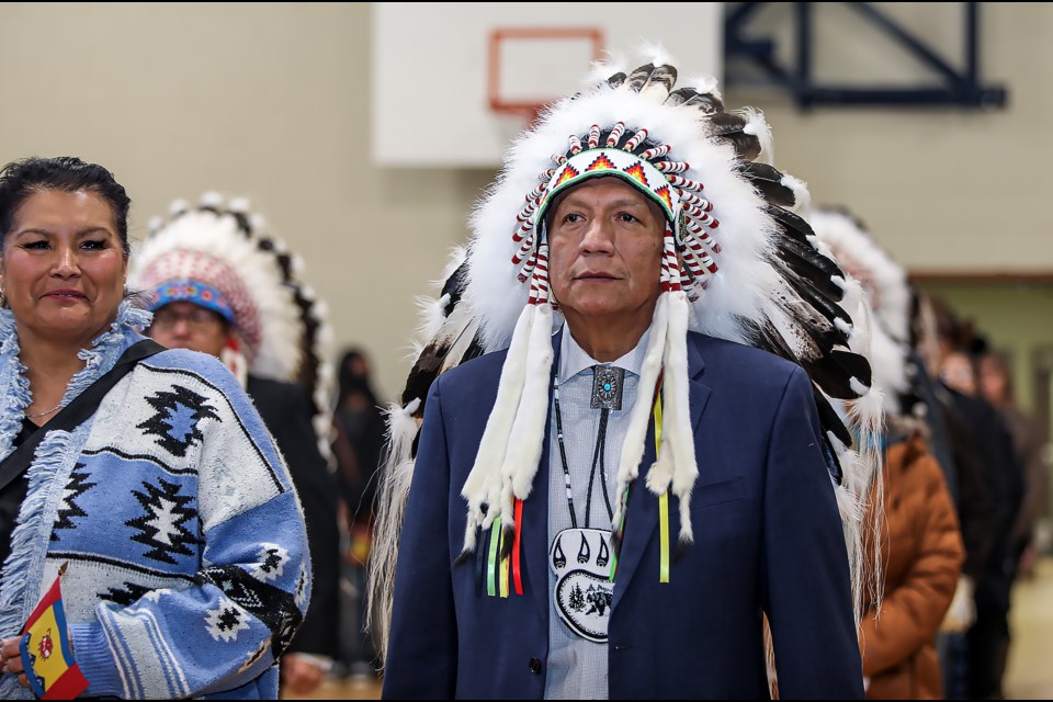 The grand entry procession makes their way into the hall during the inauguration of the Bearspaw Nation Band Council at Bearspaw Youth Centre in Morley on Monday (Dec.12). JUNGMIN HAM RMO PHOTO