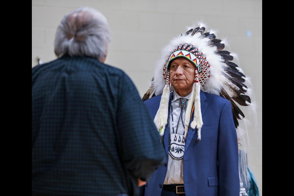 Re-elected Bearspaw First Nation Chief Darcy Dixon is sworn in at the inauguration of the Bearspaw band council at Bearspaw Youth Center in Mînî Thnî in December 2022. RMO FILE PHOTO