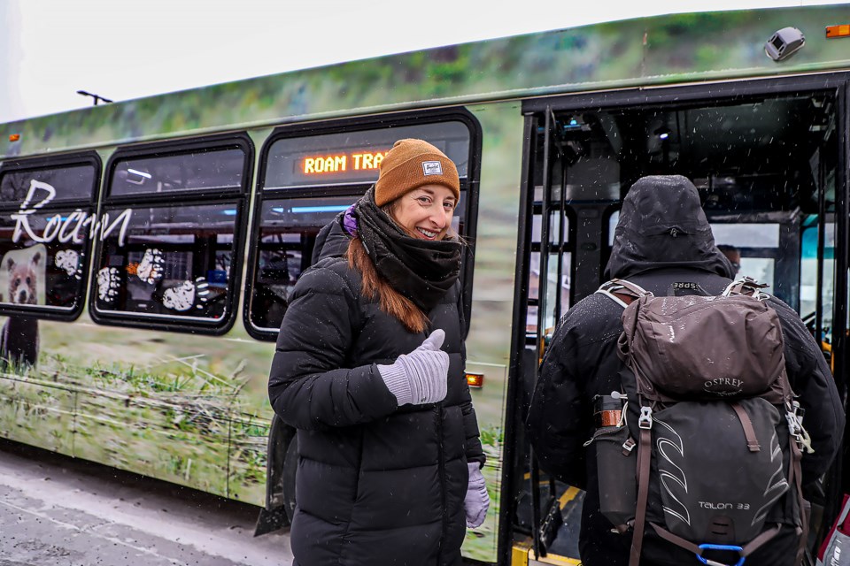 Banff Mayor Corrie DiManno boards the Banff local service route to announce Roam transit's reach of one million riders on Tuesday (Dec. 20). JUNGMIN HAM RMO PHOTO 