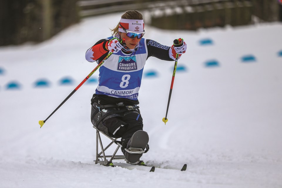 Christina Picton of Canada skis during the women's short c, sitting race in the 2021 World Para Nordic Skiing World Cup at the Canmore Nordic Centre Saturday (Dec. 4). EVAN BUHLER RMO PHOTO