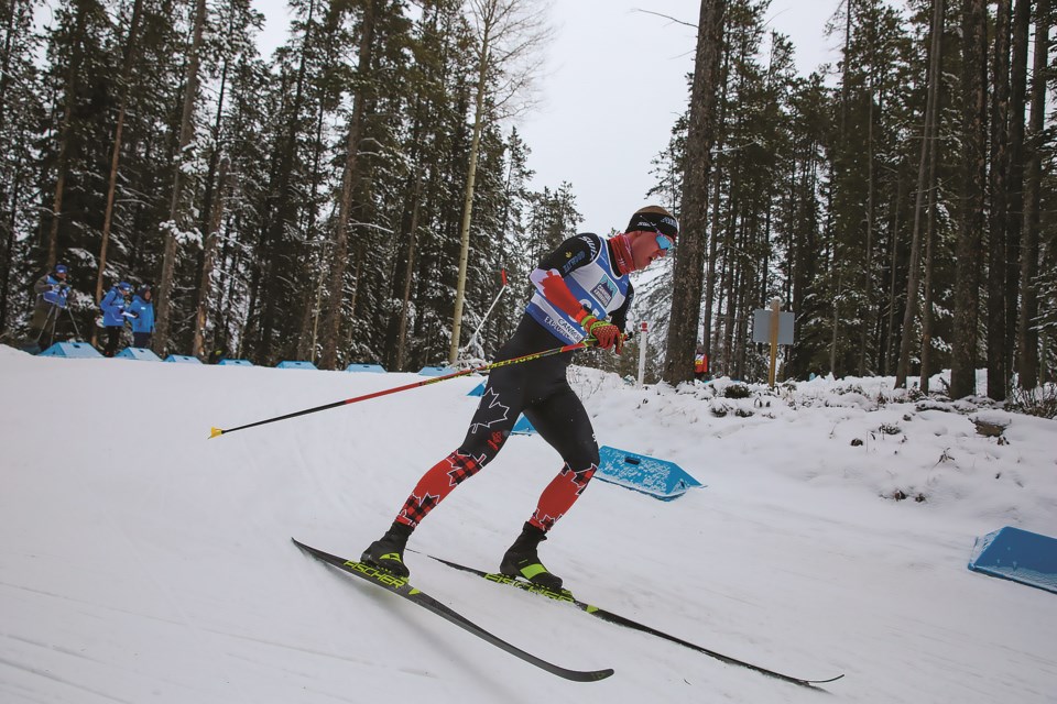 Mark Arendz of Canada skis during the men's short classic standing race in the 2021 World Para Nordic Skiing World Cup at the Canmore Nordic Centre Saturday (Dec. 4).