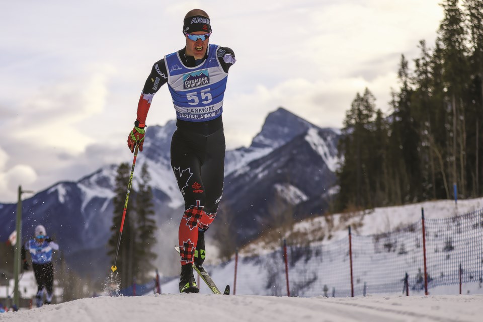 Mark Arendz of Canada skis in the men's sprint classic, standing race final in the 2021 World Para Nordic Skiing World Cup at the Canmore Nordic Centreon Tuesday (Dec. 7). EVAN BUHLER RMO PHOTO