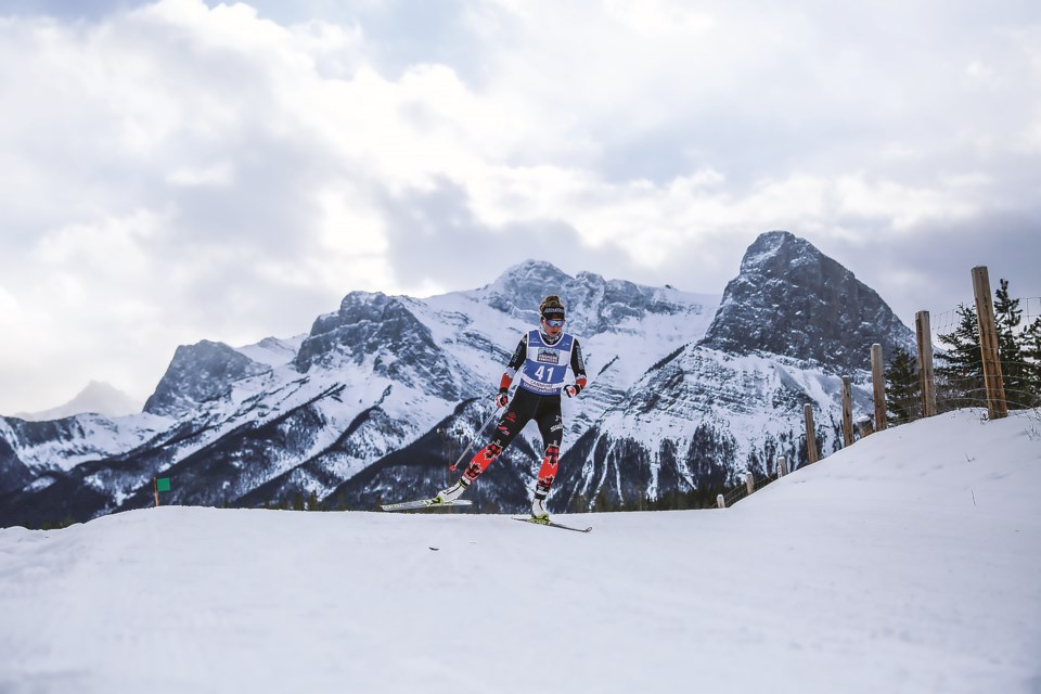 Natalie Wilkie of Canada skis in the women's biathlon 12.5km standing race in the 2021 World Para Nordic Skiing World Cup at the Canmore Nordic Centre in Dec. 2021. RMO FILE PHOTO