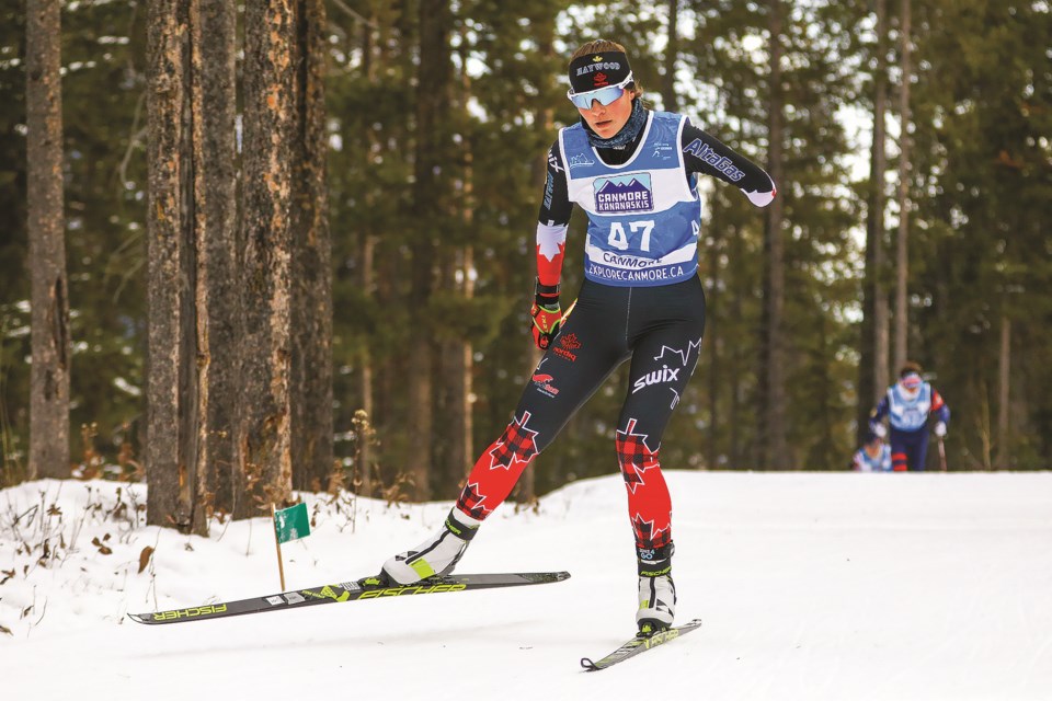 Brittany Hudak of Canada skis in the women's biathlon 12.5km standing race in the 2021 World Para Nordic Skiing World Cup at the Canmore Nordic Centre on Thursday (Dec. 9). EVAN BUHLER RMO PHOTO