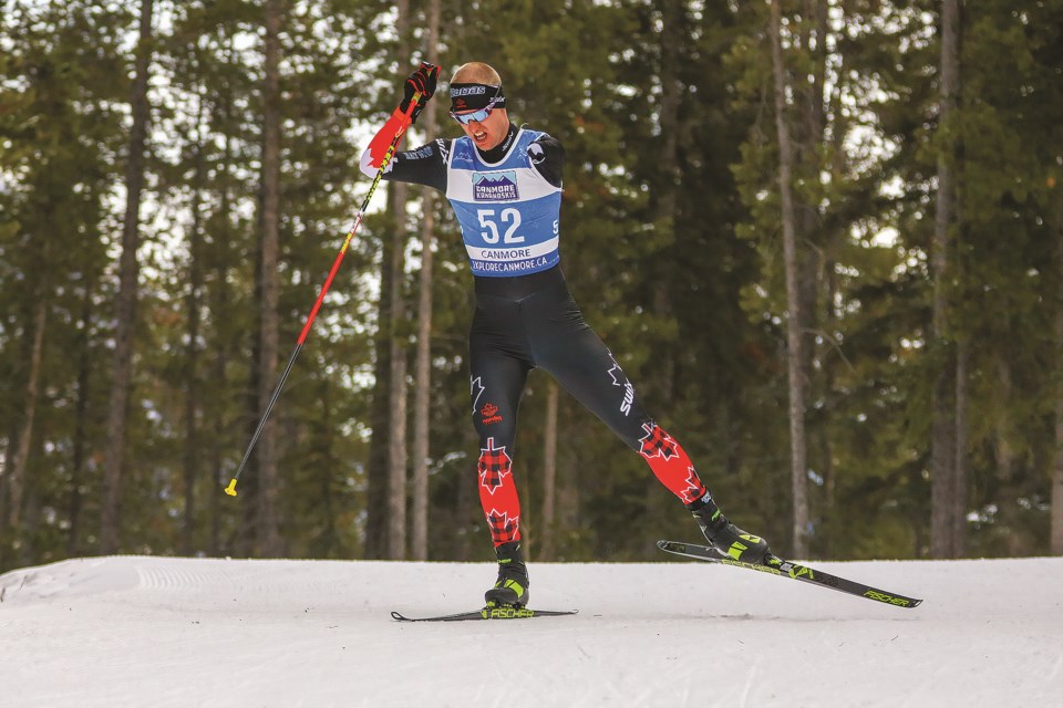 Mark Arendz of Canada skis in the men's biathlon 12.5km standing race in the 2021 World Para Nordic Skiing World Cup at the Canmore Nordic Centre in Dec. 2021. RMO FILE PHOTO