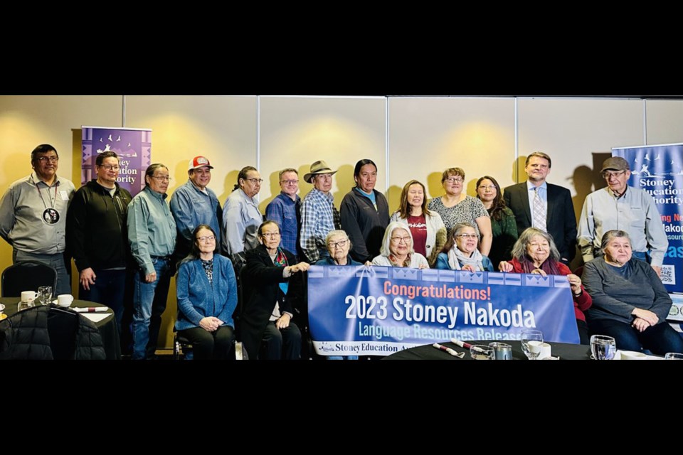 Îyârhe (Stoney) Nakoda First Nation elders, knowledge keepers and community members gather with members of The Language Conservancy to celebrate the launch of a second batch of Stoney language resources to be used by Stoney Education Authority in schools. The launch was celebrated at the Stoney Nakoda Resort and Casino on Jan. 23.

SUBMITTED PHOTO