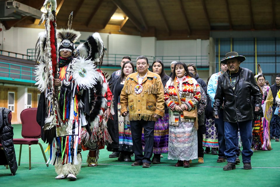 Re-elected Goodstoney First Nation Chief Clifford Poucette is joined by family and others during the grand entry procession at the inauguration of Goodstoney chief and council at Goodstoney Rodeo Centre in Mînî Thnî in February.

RMO FILE PHOTO