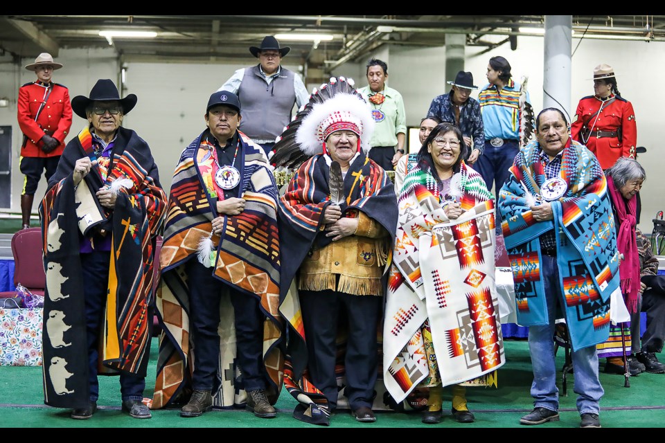 The Goodstoney Chief and Council pose at Chief Goodstoney Rodeo Centre in Mînî Thnî (Morley)  on Friday (Feb. 3). From left: Coun. Watson Kaquitts, Coun. Thomas Dixon, Chief Clifford Poucette, Coun. Krista Hunter and Coun. Desi Ear.  JUNGMIN HAM RMO PHOTO