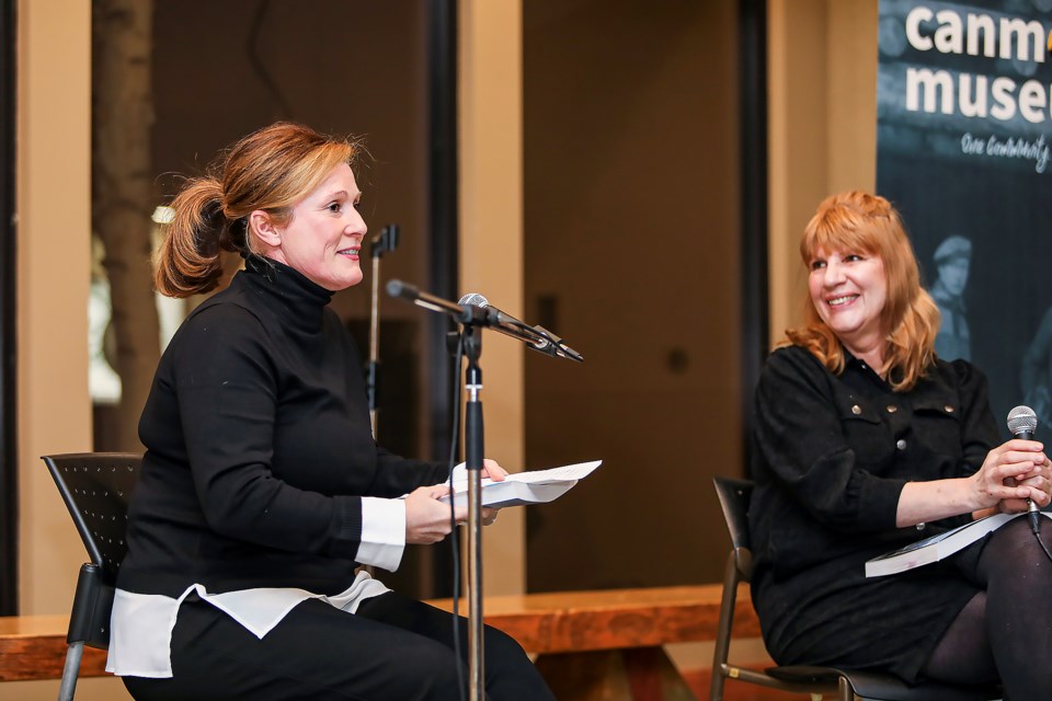 Host Bridget Ryan, left, and author Mary Graham discuss Graham's new book, A Stunning Backdrop: Alberta in the Movies, 1917 - 1960, in Canmore Museum on Friday (Feb. 17) JUNGMIN HAM RMO PHOTO 