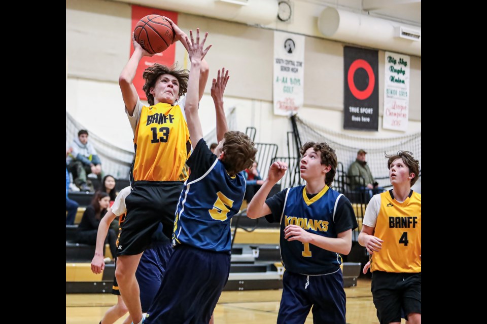 Banff Bears Brendan St-Onge shoots a two-point shot against the Carstairs Kodiaks during the JV boys basketball playoff game at Banff Community High School on Thursday (March 2). The Bears beat the Kodiaks 79-39. JUNGMIN HAM RMO PHOTO