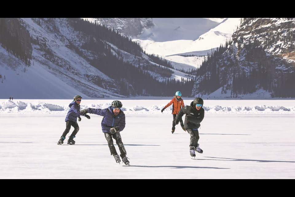 Foothills Nordic and Chelsea Nordiq's kids skate through the Canada sports friendship exchange program on Lake Louise on Thursday (March 9). From top left clockwise: Sebastian Rossi , Ella trumpower, Logan Rostoker and Colton Rostoker. JUNGMIN HAM RMO PHOTO