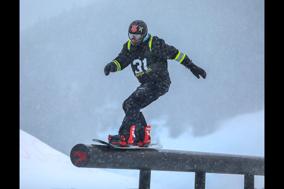 Snowboarder Miles Desjardins practices riding the rails in the Rail Jam at Mount Norquay Ski Resort in Banff on Friday (March 10). JUNGMIN HAM RMO PHOTO