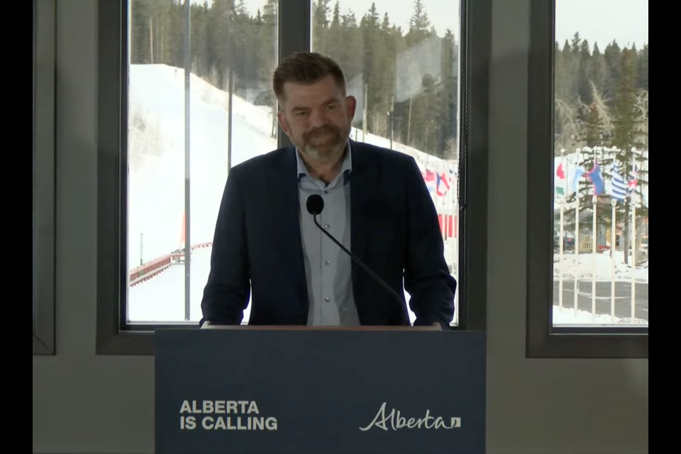 Minister of Jobs, Economy and Northern Development Brian Jean announces the second phase of the Alberta is Calling campaign from the Canmore Nordic Centre (Monday) March 13, 2023.

SCREENSHOT